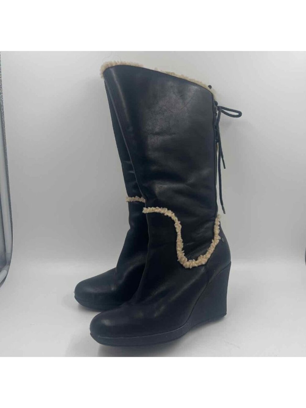 Ugg Emilie Sherpa Leather Women's Tall Size 7 Black Wedge Solid Boots
